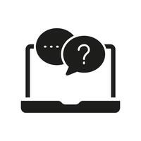 Laptop with Question Chat Bubble Silhouette Icon for Online Support Services. Online Chat for Customer Support Glyph Symbol. Isolated Illustration vector