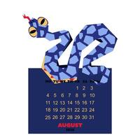august calendar for 2025 with a snake in the colors of Future Dusk. New Year of the snake. Lunar New Year or Chinese New Year. blue curved snake on a dark. a character about the animals of the zodiac vector