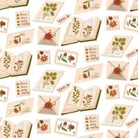 A pattern of flat illustrations depicting leaves from a herbarium in a book, on a page, a postage stamp, an envelope. A twig, a flower in the catalog. Floral design decorative packaging, adhesive tape vector