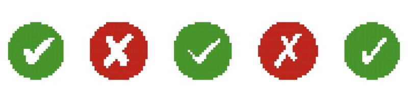 Pixelated Green Check Marks and Red X Symbols in Circles for Retro UI Design. Success and Error Sign Collection. Approval and Rejection Symbols. Isolated Illustration vector