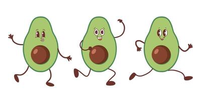 A set of avocados in the style of kawaii. Avocado fruits in a flat design. vector
