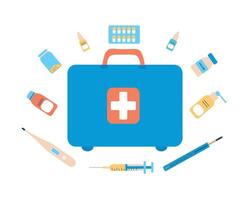 First aid kit isolated. Collection of medical instruments for emergencies. Red bag with a cross, container for medical equipment. illustration vector