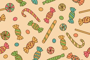 seamless pattern with sweets candies and lollipops in doodle style. Bright colorful candy background. vector