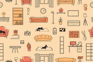 Seamless colorful pattern of home furniture and decor items. Interior and furniture icons in doodle style, use for factory design or wallpaper. . vector