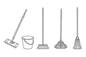 Mop and bucket, cleaning contour icons. illustration with one line. Isolated icon suitable for web pages, infographics, interface and applications vector