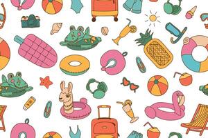 A hand-drawn seamless pattern of elements of summer holidays and travel. The style of the sketch is in the style of doodles. Illustration for wallpaper, background, packaging, postcards, printing. vector