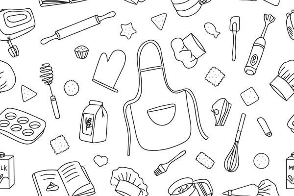 Seamless pattern of kitchen tools. Hand drawn kitchen equipment and baking. illustration on white background for restaurant menu, recipe book and wallpaper. Vecto