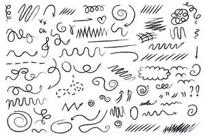 Hand drawn doodle design elements, highlights, underlines, sketchy arrows, check marks, crosses. vector