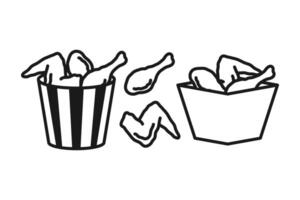 mini set line icon fried chicken with crispy flour bucket vector