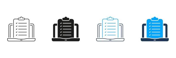 Clipboard With Checklist On Laptop Line and Silhouette Icon Set. Application Form Pictogram. Questionnaire List Symbol. Online Test On Computer Sign. Editable Stroke. Isolated Illustration vector