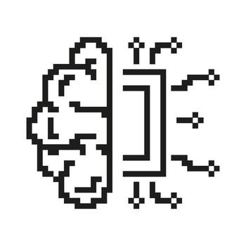 Pixelated Brain with Circuitry Icon. Artificial Intelligence and Machine Learning in Pixel Art Style. Hybrid Symbol of AI and Human Intelligence. Isolated Illustration vector