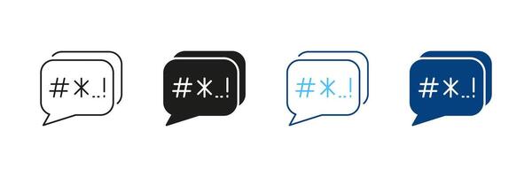 Swear And Argue Line and Silhouette Icon Set. Customer Complain. Cyberbullying Symbol. Speech Bubble With Censored Bad Words Pictogram. Editable Stroke. Isolated Illustration vector