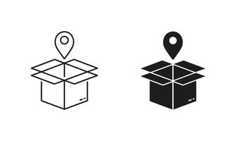 Pick Up Package Icon. Order Location Line and Silhouette Icon Set. Shipping Sign. Delivery Service Pictogram. Editable Stroke. Isolated Illustration vector