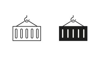 Container on Metal Crane Line and Silhouette Icon Set. Export and Import Sign. Editable Stroke. Isolated Illustration vector