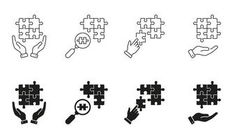 Strategy Solution Line and Silhouette Icon Set. Success Teamwork. Jigsaw Piece Pictogram. Brainstorming Concept. Editable Stroke. Isolated Illustration vector