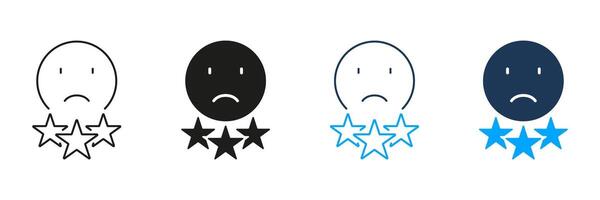 Negative Review Line and Silhouette Icon Set. Sad Emoticon, Bad Feedback Pictogram. Disagree Sign. Dislike Emoji Symbol In Experience Survey Service. Editable Stroke. Isolated Illustration vector