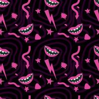 Psychedelic seamless pattern. Pink lips, lightning, star, abstract elements on a black background. illustration for background, fabric, packaging, wrapping paper vector