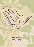 The image depicts a detailed map of the Twin Ring Motegi race track, located in Japan. The track is outlined in a dark purple color, winding through a landscape of green trees and beige buildings. vector
