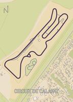 The image shows a map of a race track, Circuit de Calafat, The track is situated in a suburban area, with houses and roads visible around it. vector