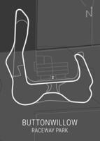 Map of the Buttonwillow Raceway Park in California. The map features a detailed outline of the racetrack, showcasing its winding turns and straightaways. vector