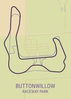 Map of the Buttonwillow Raceway Park in California. The map features a detailed outline of the racetrack, showcasing its winding turns and straightaways. vector