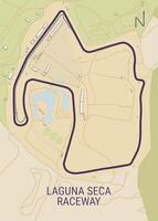 The image depicts a detailed map of the Laguna Seca Raceway, a renowned motorsports circuit located in Monterey County, California. vector