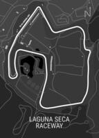 The image depicts a detailed map of the Laguna Seca Raceway, a renowned motorsports circuit located in Monterey County, California. vector
