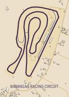 The image depicts a map of the Batangas Racing Circuit, a race track located in the Philippines. The track is outlined in a dark purple color and is situated in a rural area with surrounding buildings vector