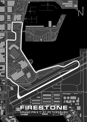 A black and white schematic map depicts the Firestone Grand Prix of St. Petersburg race track. The track is outlined in white and winds through a city setting.