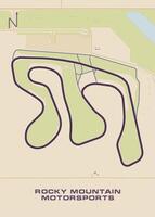 The image depicts a stylized map of Rocky Mountain Motorsports Track, with a winding layout. The track is outlined in a dark purple color against a light beige background. vector