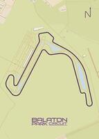 The image depicts a detailed map of the Balaton Park Circuit, a race track located in Hungary. The track is outlined in a dark purple color vector