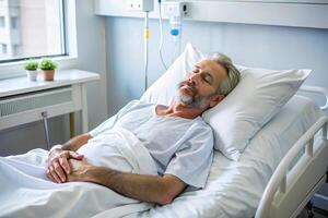 Relaxed male patient resting in a hospital bed with white linens, recovering in a healthcare facility. photo
