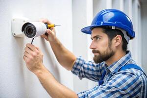 Young male technician installing surveillance cameras on a ceiling for security in a modern office space. photo