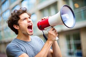Young volunteer enthusiastically shouting into a megaphone at a community event or social rally. photo