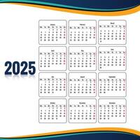 2025 english calendar template with creative wave background vector
