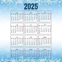 2025 monthly calendar layout with christmas snowflakes background vector