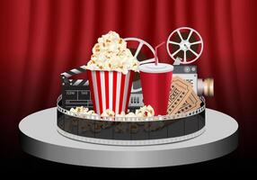 Realistic popcorn on stage with red curtains, popcorn concept in cinema and entertainment in cinema. 3D popcorn for Poster design, advertisement, web banner, billboard and etc. vector
