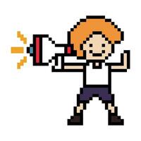 Pixel art of man male or boy with a megaphone shout announce declare speak cartoon cute 8 bit design. vector