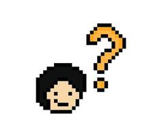 Cartoon 8-bit of man male boy smile with question mark confuse wonder don't know question pixel art. vector