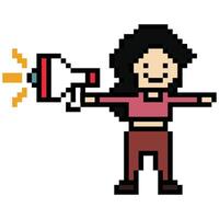 Pixel art of woman female girl lady with megaphone shout announce declare speak cartoon cute 8 bit design. vector