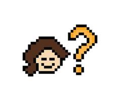 Cartoon 8-bit art of lady female woman girl with question mark confuse wonder don't know question pixel design. vector