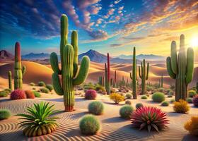 Scenic desert view featuring lush green cacti, blooming flora, and rolling golden dunes under dramatic clouds wallpaper background. photo