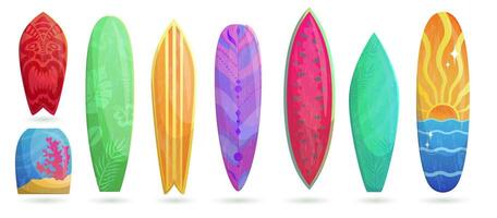 Set of gradient different kinds of surfboards with patterns and textures.Collection of items for summer beach activities items and nautical sports stuff. Summer vibe vector