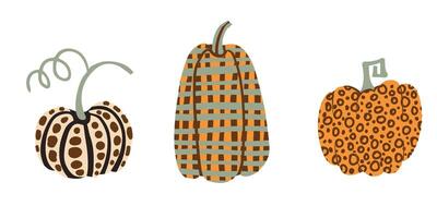 Three uniquely patterned pumpkins with stripes, spots, checkered pattern, and waves, great for fall-themed stickers, seasonal invites, or designs. vector