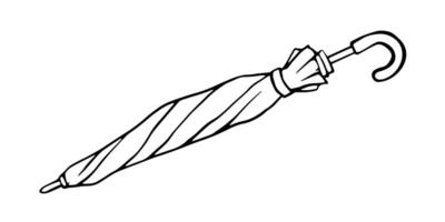 black and white line drawing of a closed umbrella with a curved handle. vector