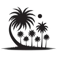 7 Black Palm Trees Set and sun Isolated On White Background. Palm Silhouettes. Design Of Palm Trees For Posters, Banners And Promotional Items. Illustration. Palm Icon On White Background vector