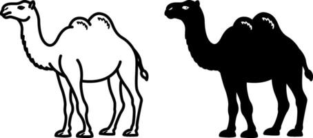 Camel Icons. Black and White Illustrations. Large Ruminant Mammal. Camel with Two Humps. Agriculture, Farming. For Coloring Book Design. Pets Concept vector