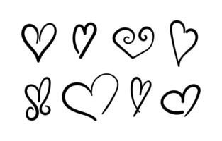Set of decorative shapes for Valentine's Day handwritten. Doodle hearts in black linear design. Elements with uneven stroke thickness vector