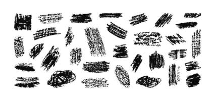Chalk Pencil squiggles, wide strokes and hatching. Scribble textboxes set. Hand drawn black charcoal scribbles. Sketches and hand drawn frames. Scrawl elements isolated on white background. vector