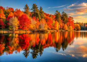 Tranquil lake view with colorful autumn trees mirrored on the water, creating a scenic and peaceful wallpaper background. photo